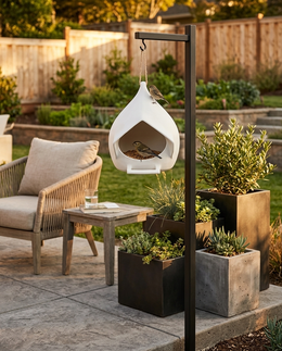 Alto bird feeder on a modern patio at golden hour