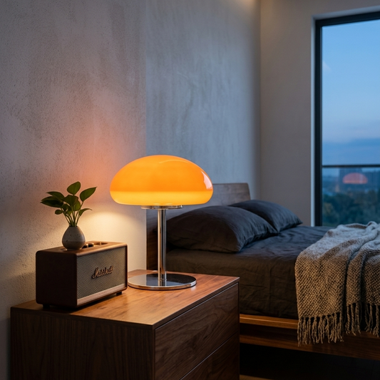Nube cloud lamp lit on a walnut nightstand at dusk