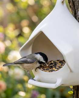 Alto feeder tray close-up with chickadee feeding