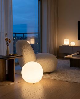Sfera ball lamp on the floor beside an armchair at dusk
