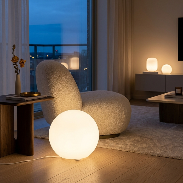 Sfera ball lamp on the floor beside an armchair at dusk