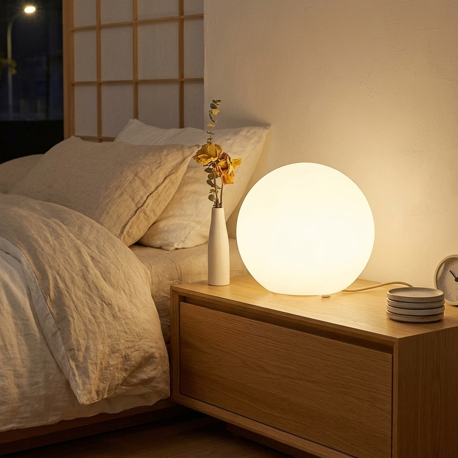 Ball lamp glowing on a nightstand