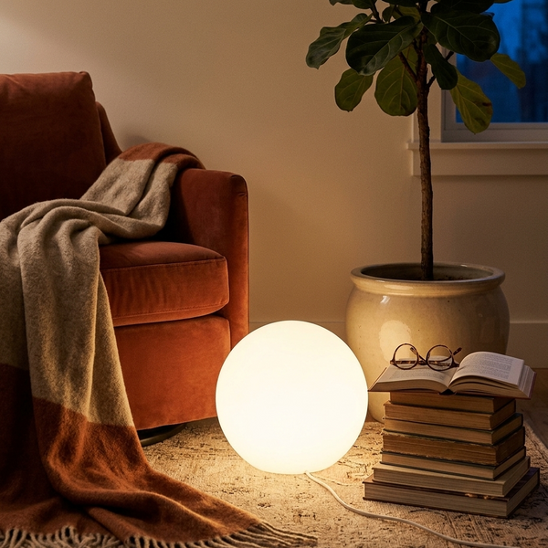 Glowing ball lamp in a reading corner with books