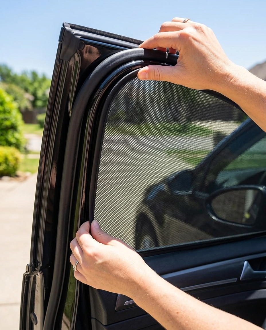 Hands snapping Scudo magnetically onto the window frame
