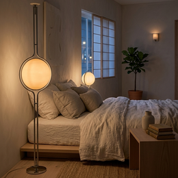 Alba floor lamp beside a bed at night