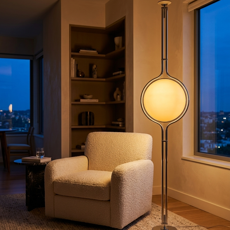 Alba floor lamp beside an armchair in a living room corner at dusk