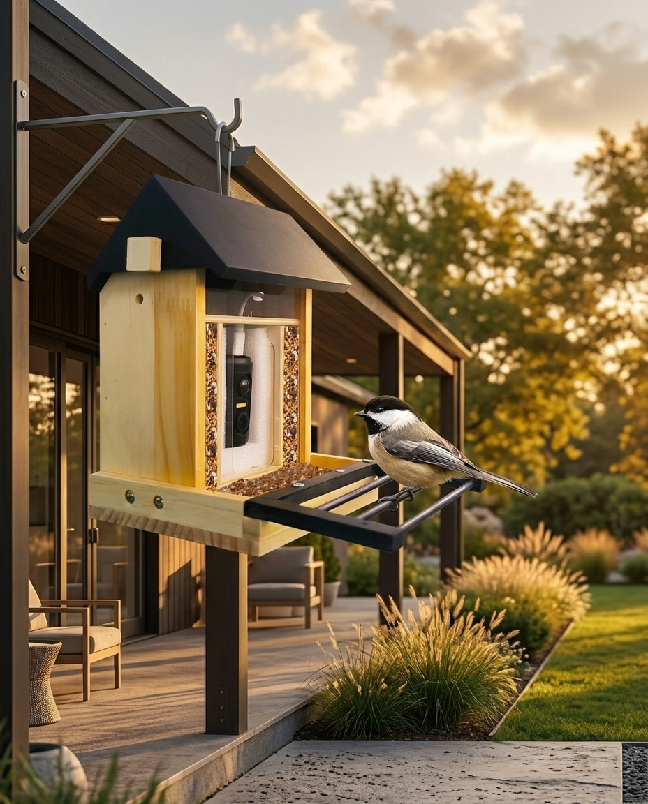 Vireo feeder hanging near a porch with a chickadee at golden hour