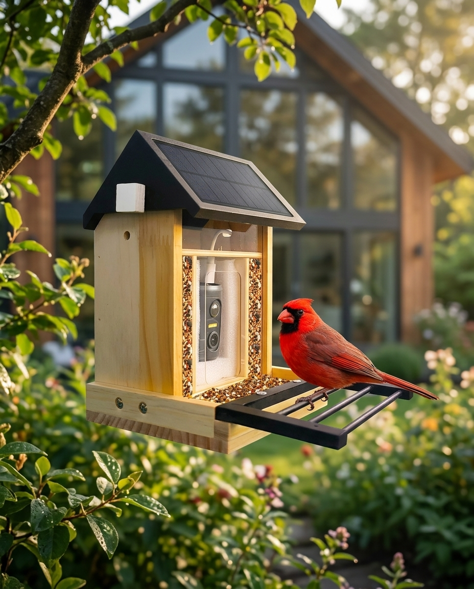 Vireo camera bird feeder in a leafy garden with a cardinal feeding