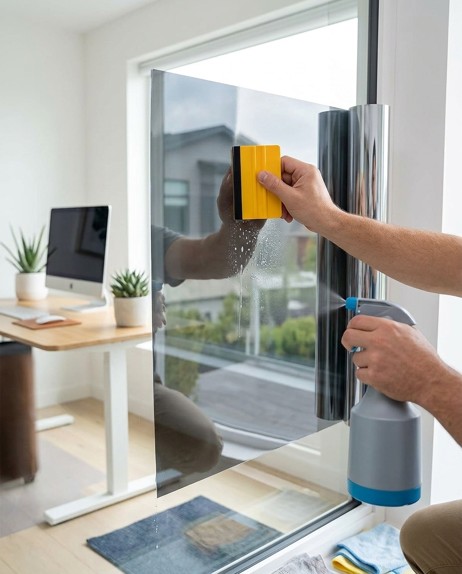 Hands applying Miro film with a squeegee