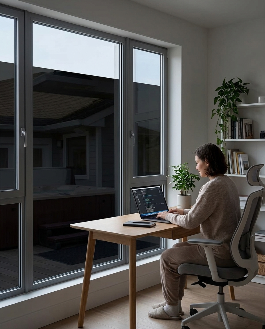 Calm home office beside the filmed window, no glare