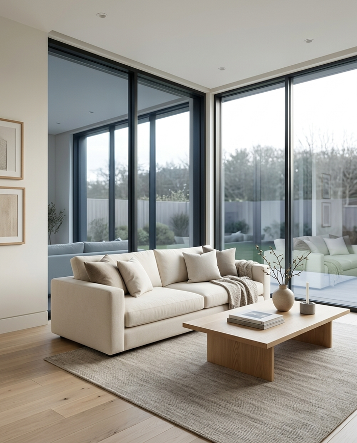 Miro privacy film on large living room windows, soft daylight