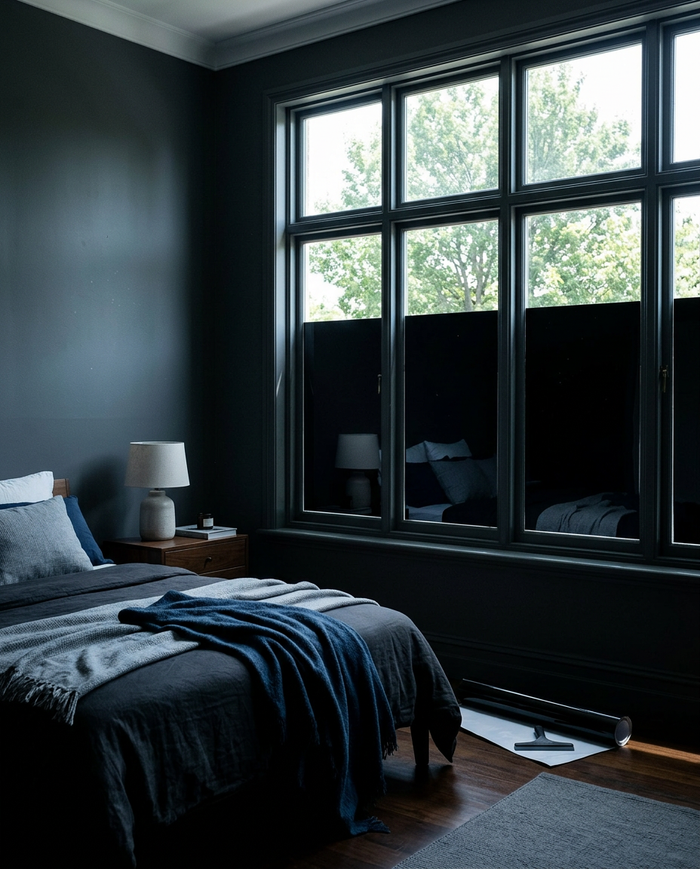 Calm dark bedroom at midday with Tinta on lower panes