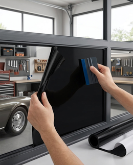 Hands applying Tinta to a garage window with a squeegee