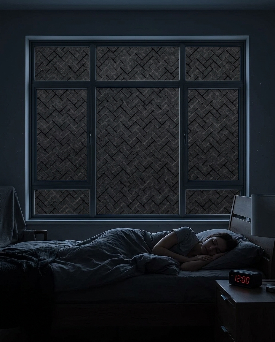 Buio fully applied, dark bedroom at midday