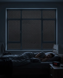 Buio fully applied, dark bedroom at midday
