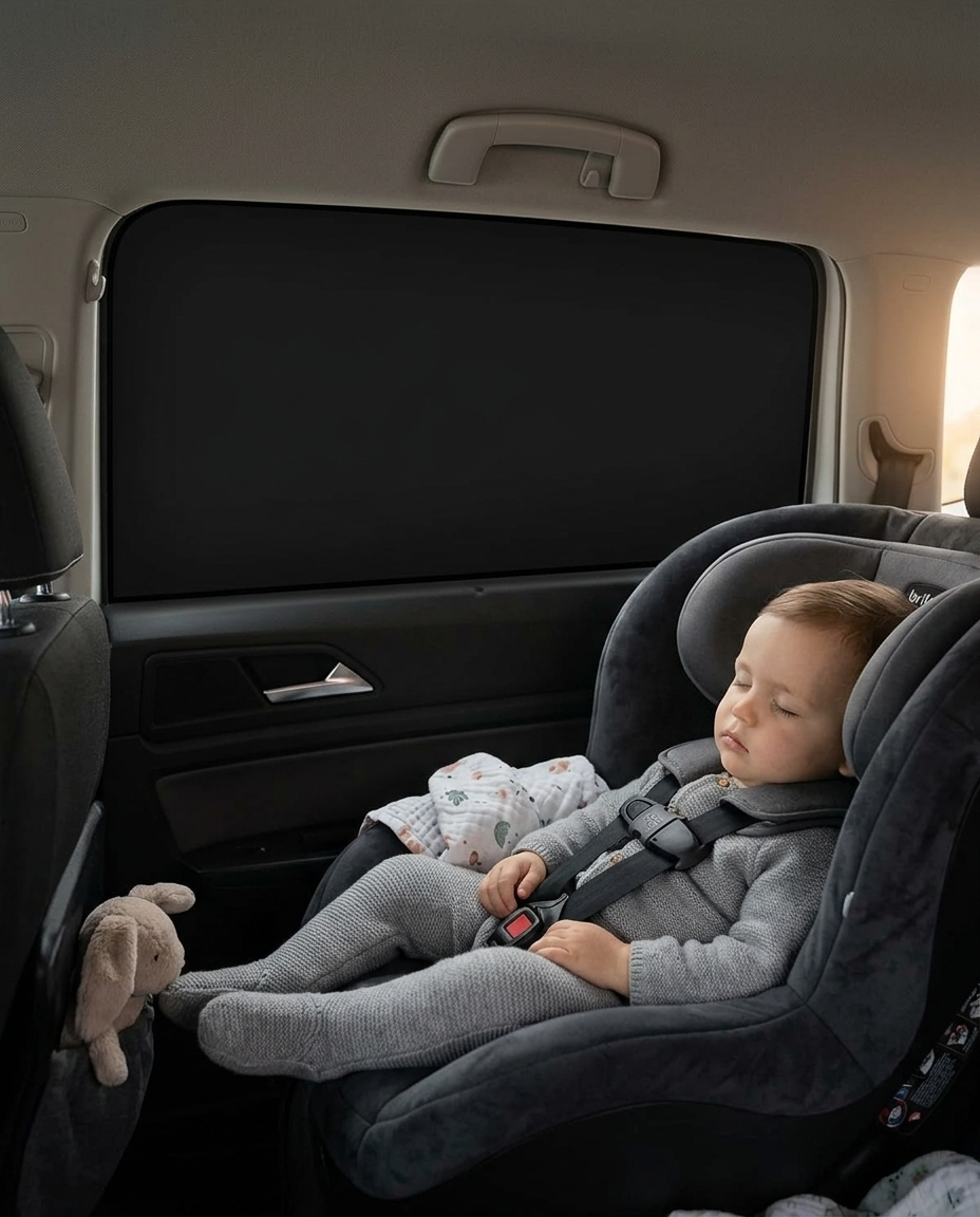 Toddler napping beside a fully covered window with Scudo