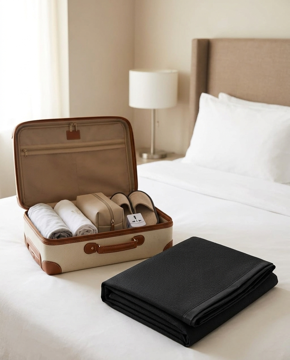 Notte folded beside a suitcase on a hotel bed