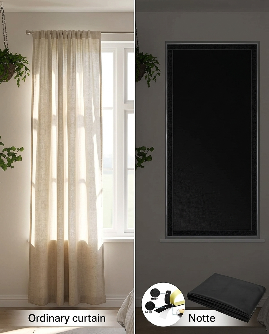 Comparison: ordinary curtain light leak versus Notte edge seal