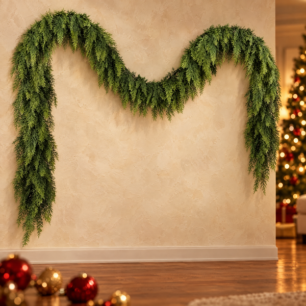 6 ft faux cypress Christmas garland draped on a cream wall