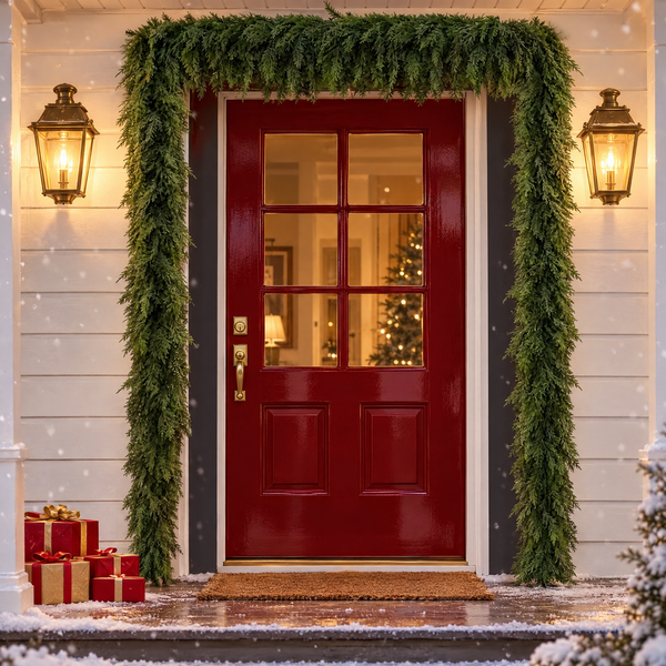 Cypress garland framing a red front door on a snowy porch