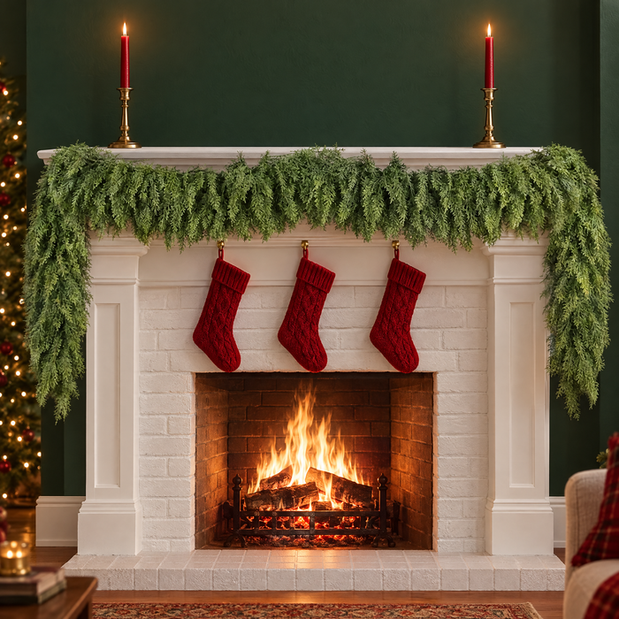 Cypress garland on a white fireplace mantel with red Christmas stockings