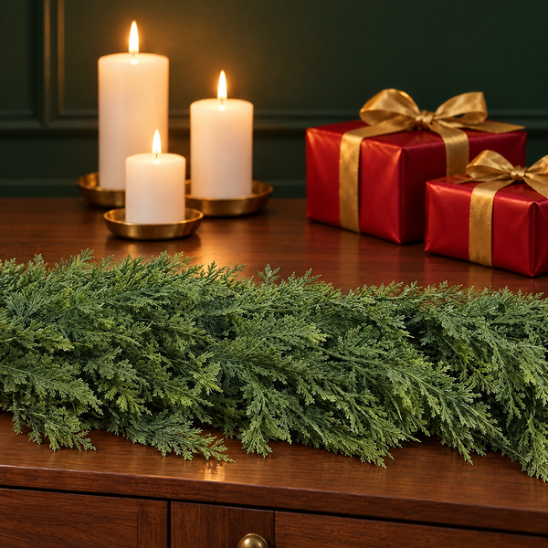 Cypress garland on a sideboard with candles and red gifts