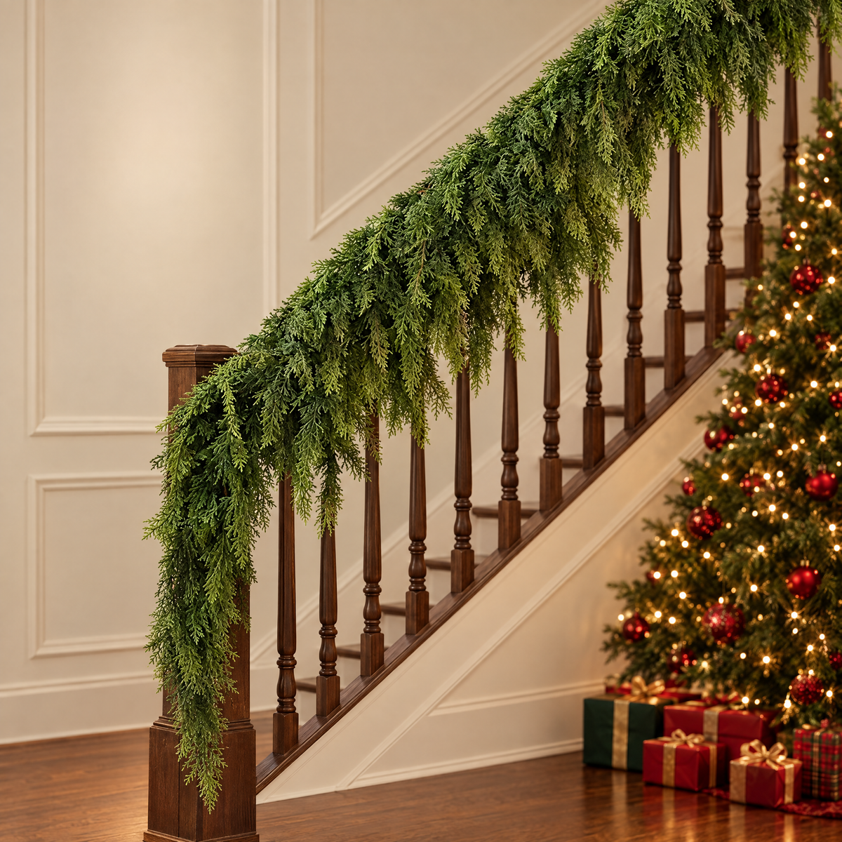 Cypress garland draped along a wooden staircase banister