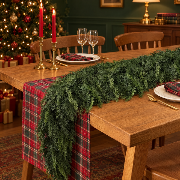 Cypress garland as a table runner on a Christmas dinner table