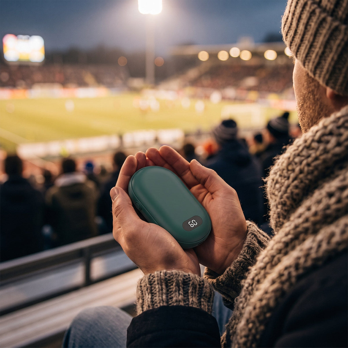 Holding the green hand warmer in the stands at an evening game