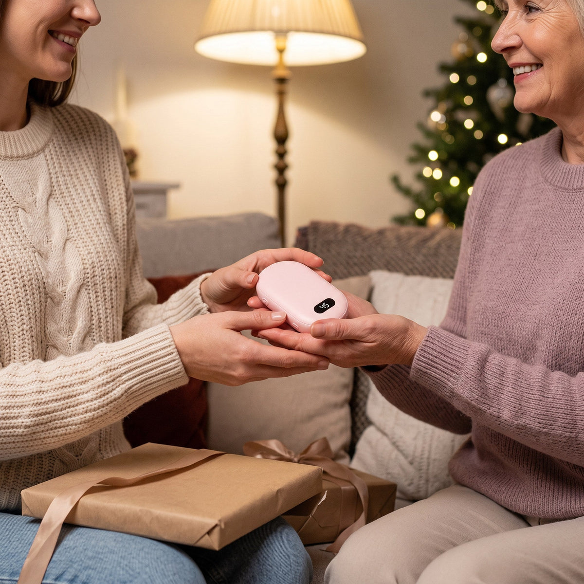 Giving a pink hand warmer as a winter gift