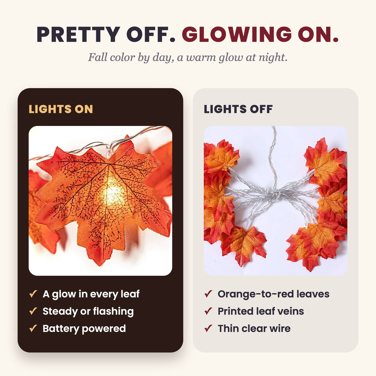 Lights on and lights off: a glow in every leaf, steady or flashing, battery powered; orange-to-red faux leaves with printed veins on a thin clear wire