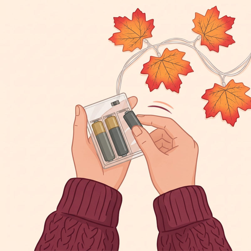 Illustration: hands putting three AA batteries into the clear battery box