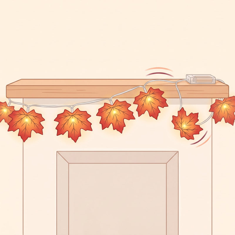 Illustration: the maple leaf light string glowing along a mantel shelf with its battery box on the shelf