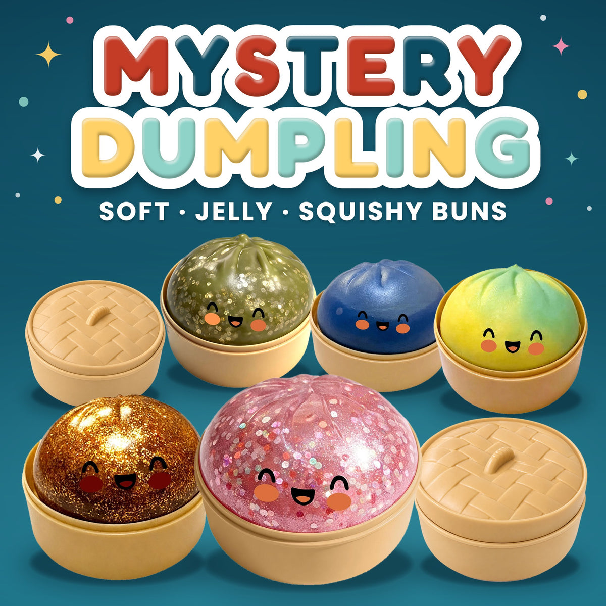 Mystery Dumpling: soft, jelly, squishy buns. Five squeeze buns with smiling faces in pink sequin, copper glitter, olive green, dark blue and yellow-green, each in a tan steamer basket, plus two baskets closed with their lids