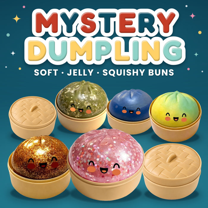 Mystery Dumpling: soft, jelly, squishy buns. Five squeeze buns with smiling faces in pink sequin, copper glitter, olive green, dark blue and yellow-green, each in a tan steamer basket, plus two baskets closed with their lids