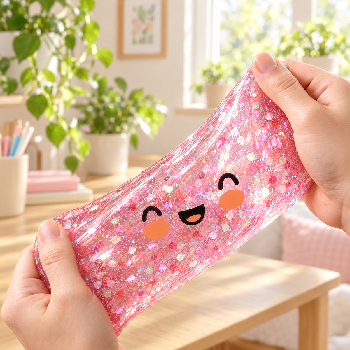 Two hands stretching a pink glitter squishy bun with a smiling face wide across a bright room (styled illustration)