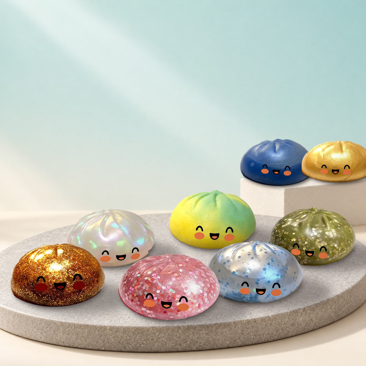 Eight squishy buns with smiling faces, one in each color: copper glitter, pearly clear, pink sequin, blue glitter, yellow-green, olive green, dark blue and gold, on a round stone board