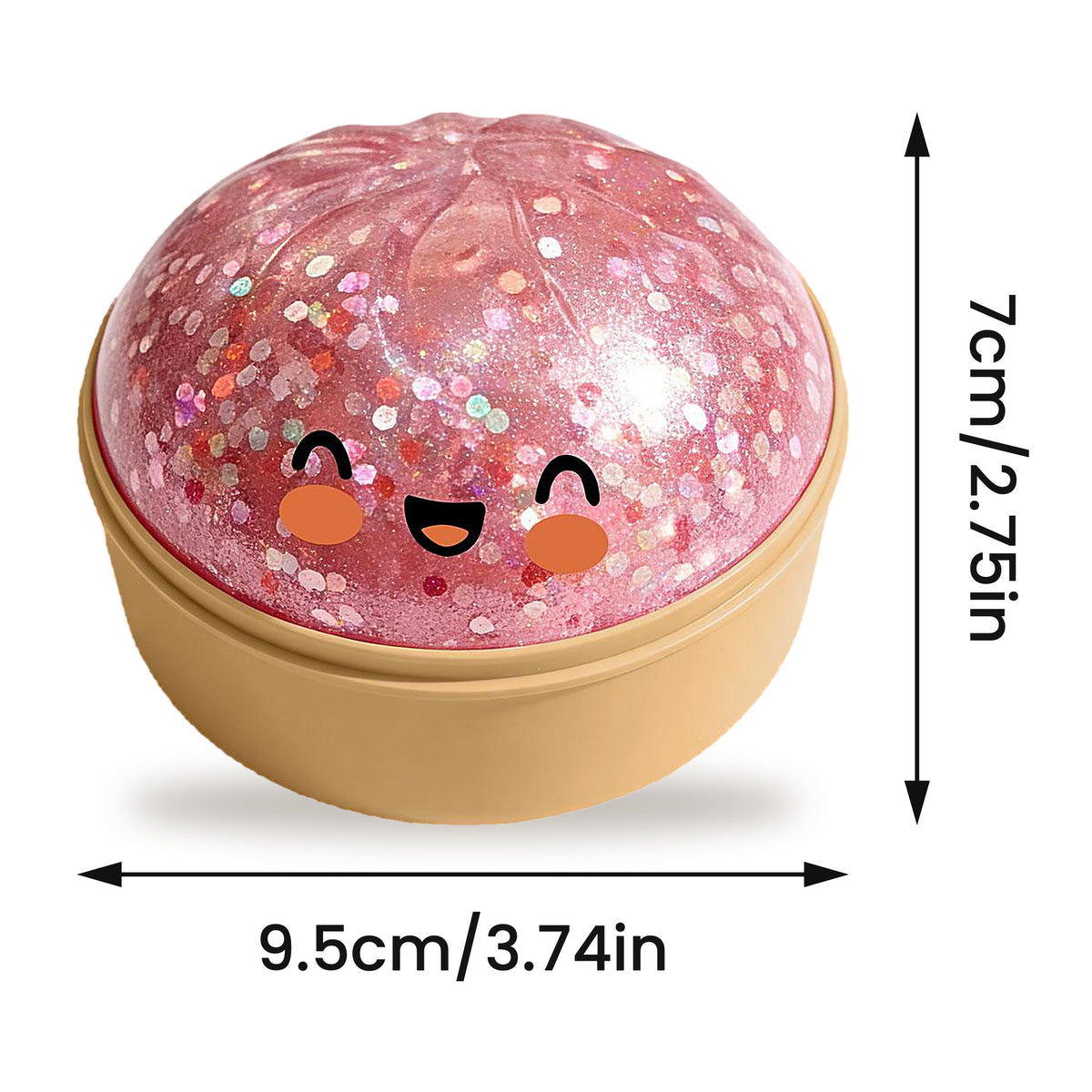 Size diagram: a pink glitter squishy bun in its tan steamer basket, 9.5 cm / 3.74 in wide and 7 cm / 2.75 in tall