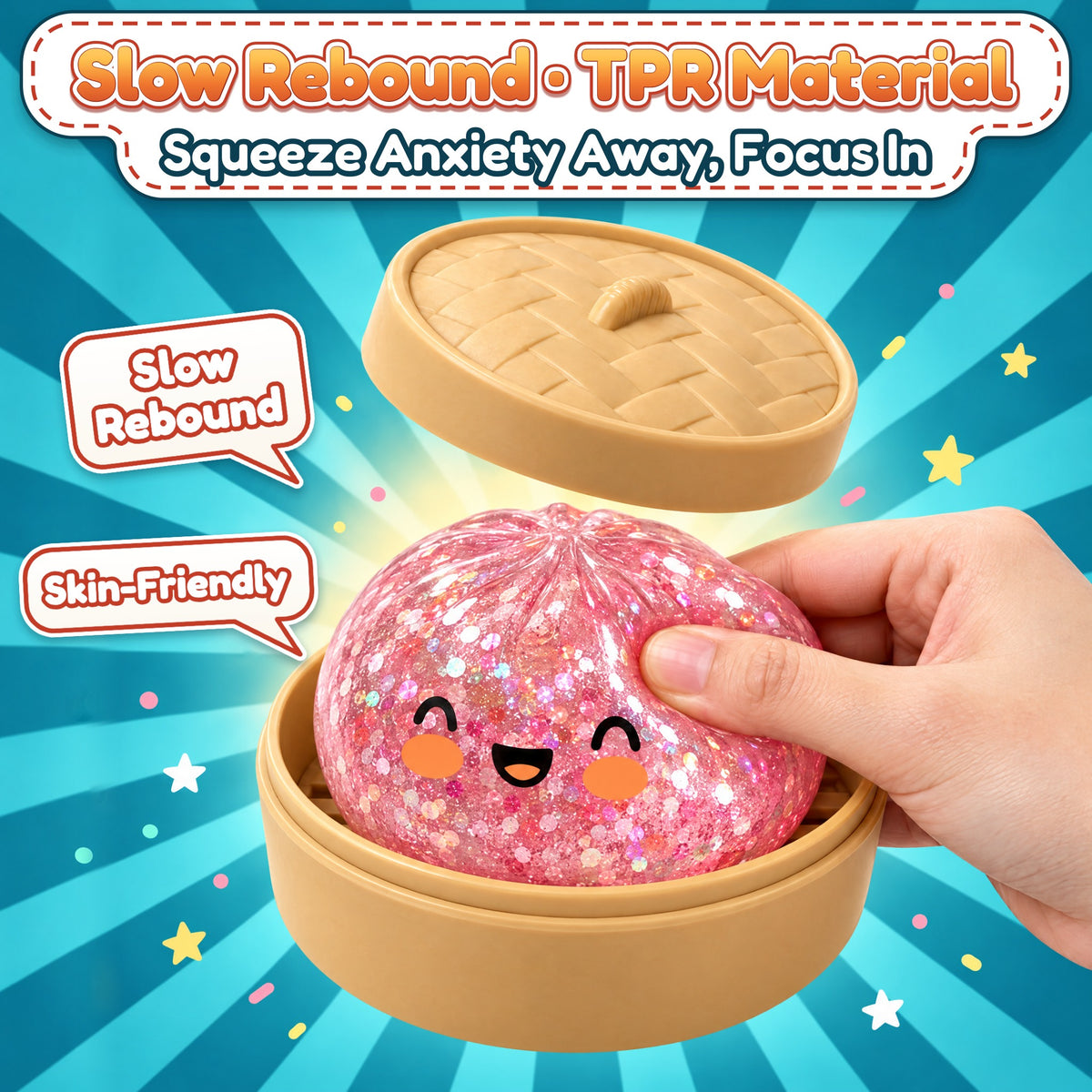 Slow Rebound · TPR Material. Squeeze Anxiety Away, Focus In. A hand presses a pink glitter squishy bun in its tan steamer basket with the lid lifted above it; labels read Slow Rebound and Skin-Friendly (styled illustration)
