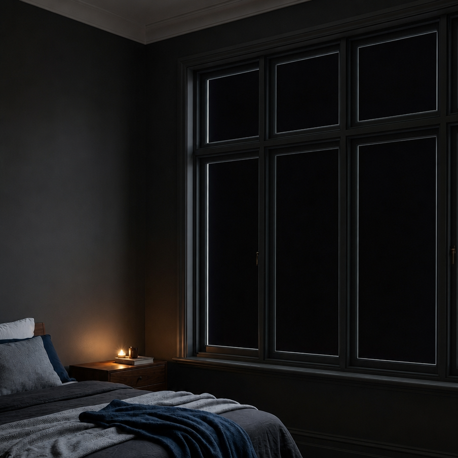 A dark, moody bedroom with a bed dressed in gray and navy textiles, a bedside table with a lit candle, and a large black-framed window behind it.