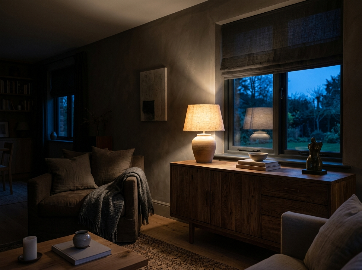 A calm living room at dusk: a warm table lamp glowing on a wooden sideboard beside a window with dark blinds